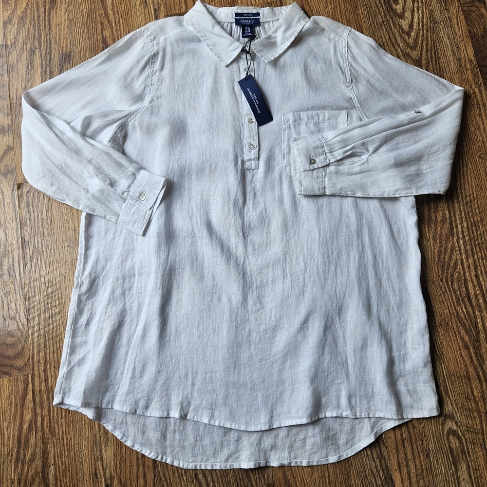 Jones New York Linen Shirt Top Womens XL White Quarter Button Front Collared NEW